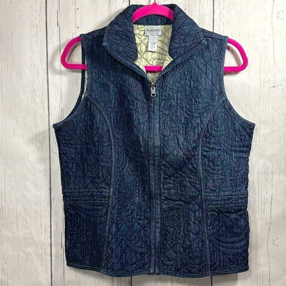 Chicos Embroidered Coastal Nautical Sleeveless Zip Up Blue Casual Denim Vest